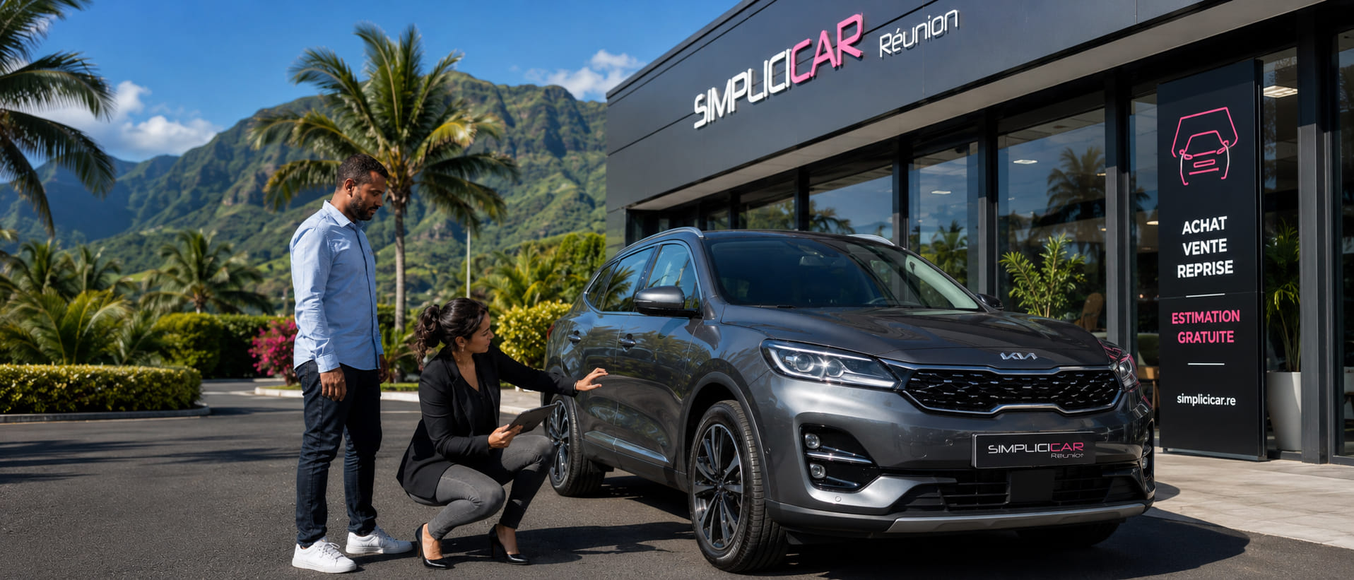 Examen d'une voiture par un commercial avant estimation dans le sud de La Réunion